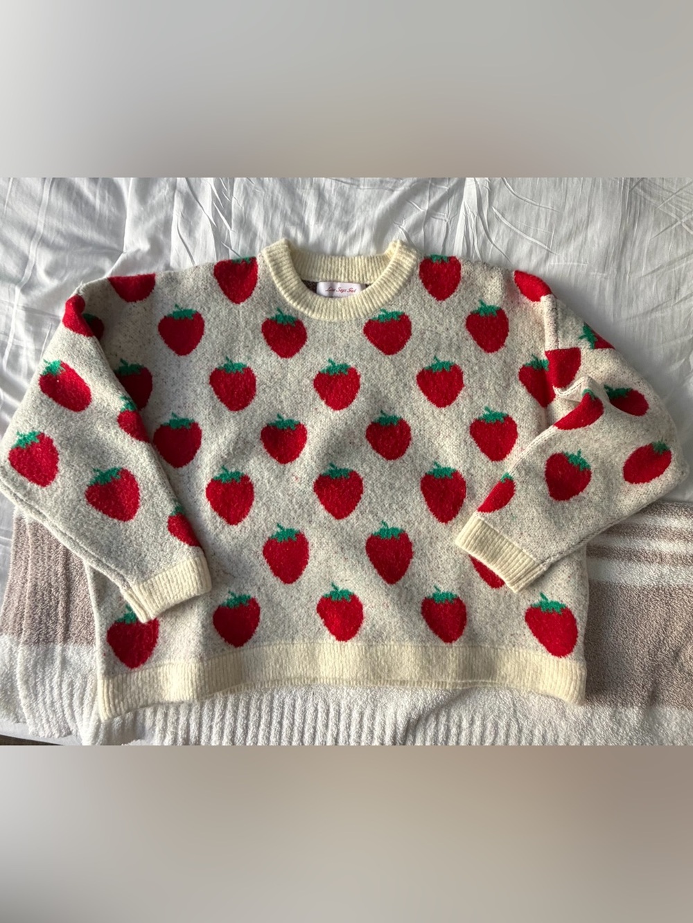 Lisa Says Gah Cream Crewneck Sweater with Red Strawberry Motif